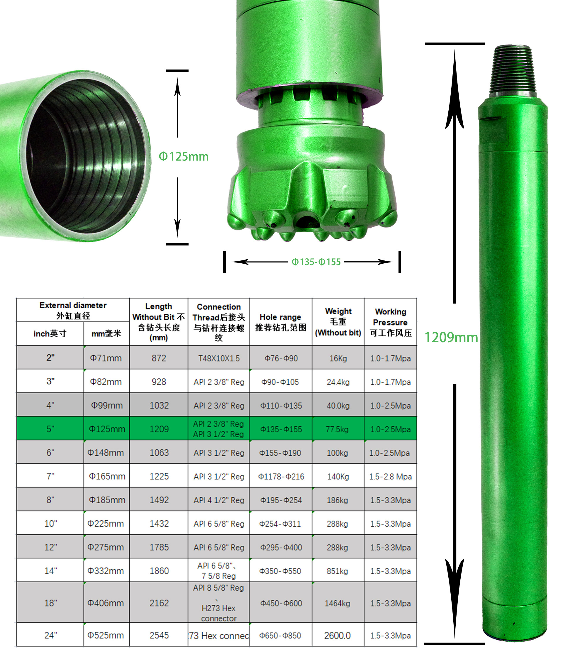 high air pressure dth hammer and bit for water well drilling rig DHD 350 135mm-155mm drilling hammer for drilling rock