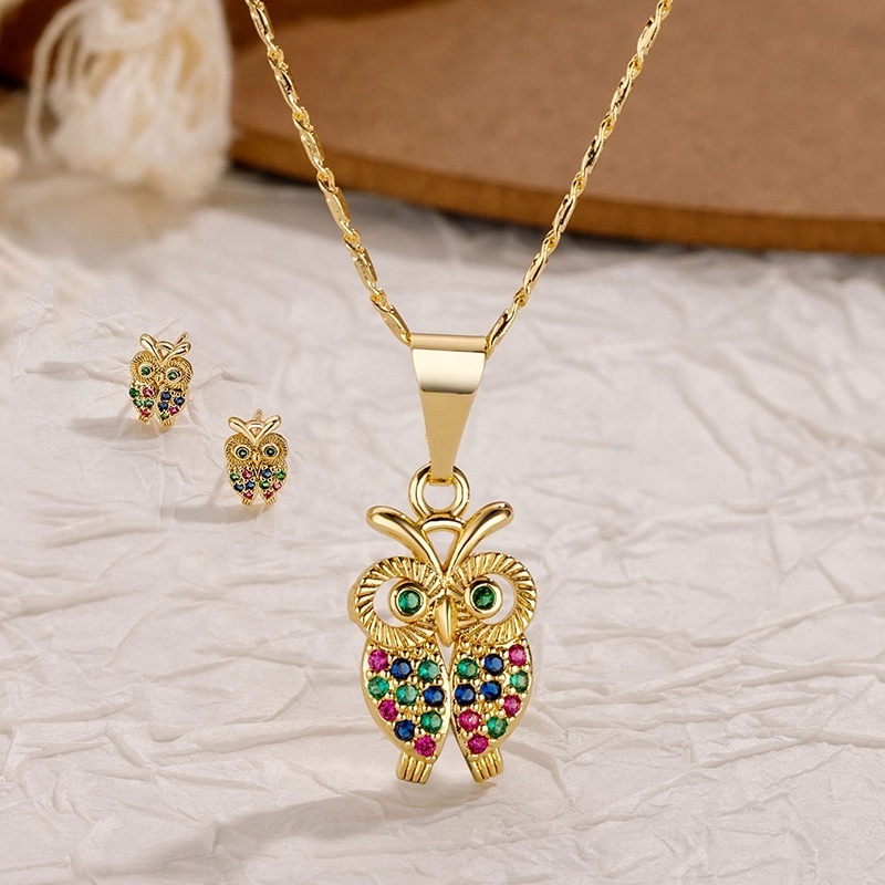 fashion jewellery cute cubic zirconia 14k gold plated owl necklace earring jewelry set for women