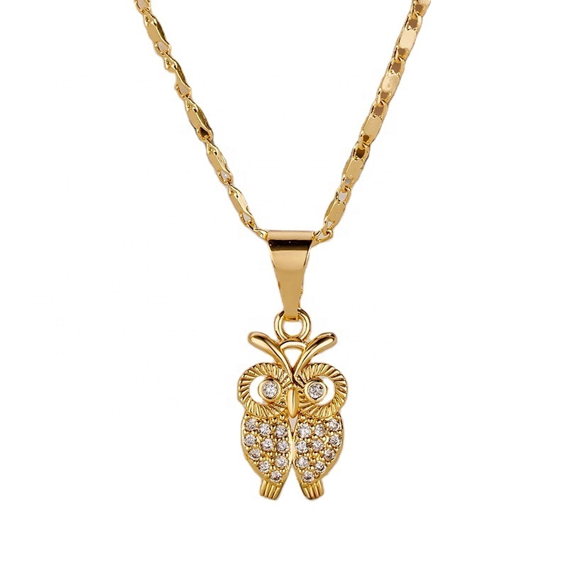 fashion jewellery cute cubic zirconia 14k gold plated owl necklace earring jewelry set for women