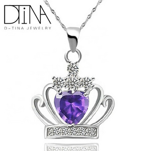 DTINA 925 Sterling Silver Pendant  Crown Design Purple Gem Heart Pendant