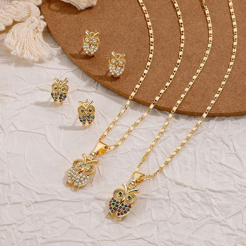 fashion jewellery cute cubic zirconia 14k gold plated owl necklace earring jewelry set for women