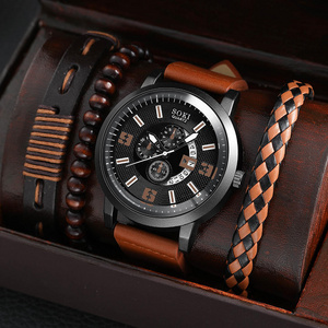 New Men's Business Alloy 4 Pcs Jewelry Set Casual Leather Strap Number Date Quartz Wristwatch Fashion Watch