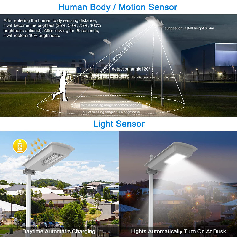 outdoor waterproof motion sensor auto dimming smart switch led all in one solar street light with remote