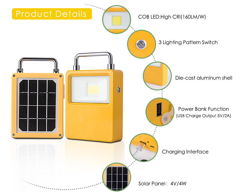 Aluminum 10W Portable Solar Rechargeable LED Flood Camping Light USB Inlet Outlet Charging 5V 2A Interface Led Lamp