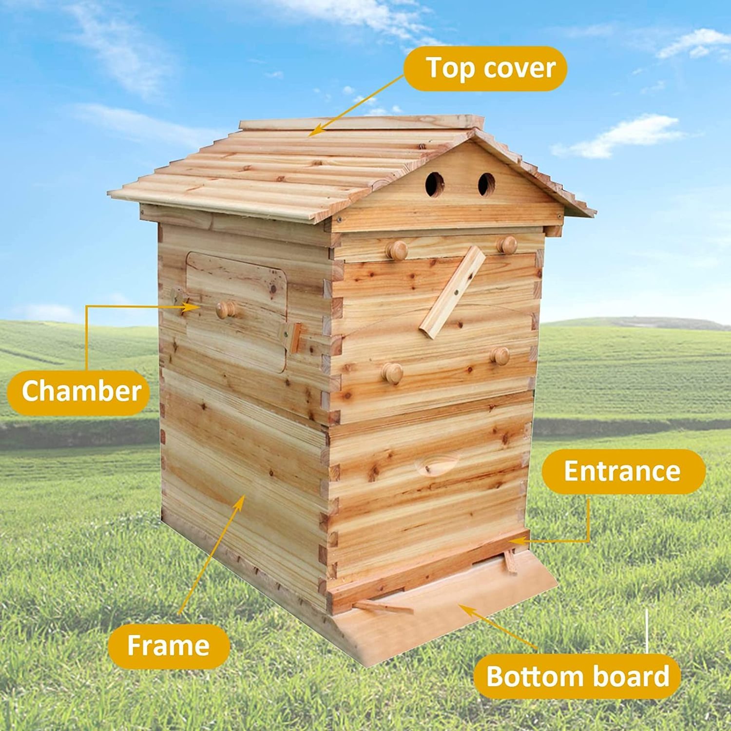 Automatic Hives Wooden Flows Bee Hive House Kit with 7 PCS Upgraded Auto Frame