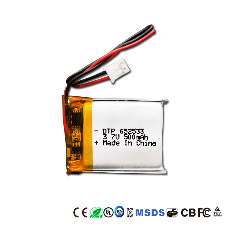 KC BIS UL CB certificated DTP 652533 lipo 3.7v 500mAh 1.85wh lithium polymer battery for smart watch