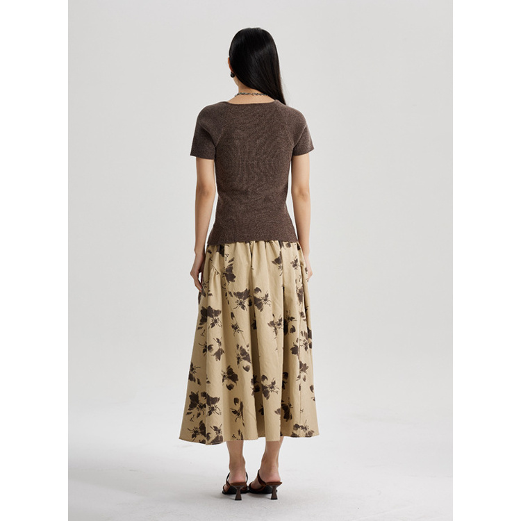 The new Korean style printing waist thin large swing skirt photo A-line skirt retro England style court Fan medium-length skirt