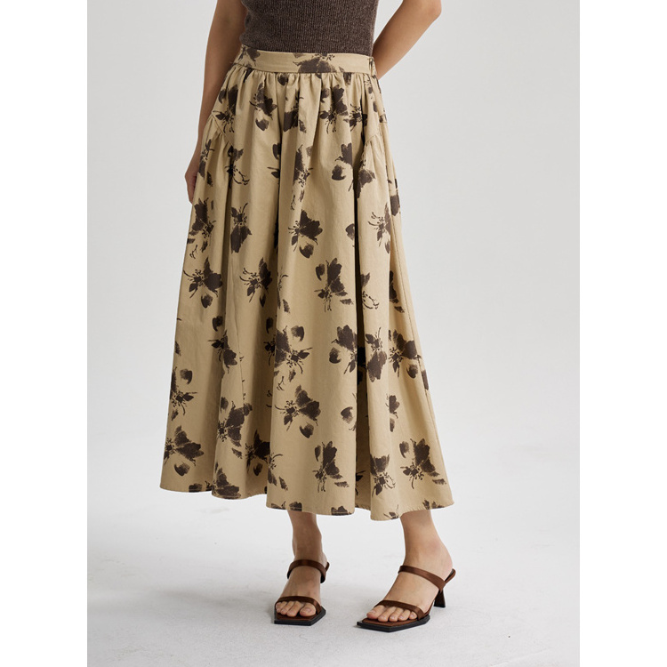 The new Korean style printing waist thin large swing skirt photo A-line skirt retro England style court Fan medium-length skirt