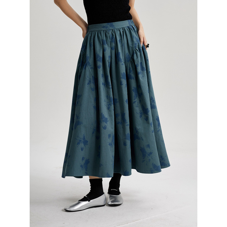 The new Korean style printing waist thin large swing skirt photo A-line skirt retro England style court Fan medium-length skirt