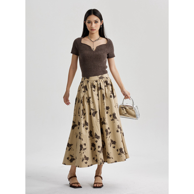 The new Korean style printing waist thin large swing skirt photo A-line skirt retro England style court Fan medium-length skirt