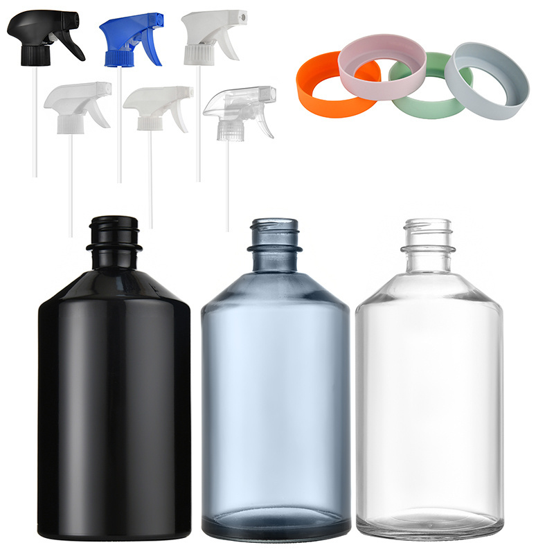 High Quality 16oz boston Cleaning cosmetic round glass Silicone Sleeve spray bottles with plastic trigger atomization spray