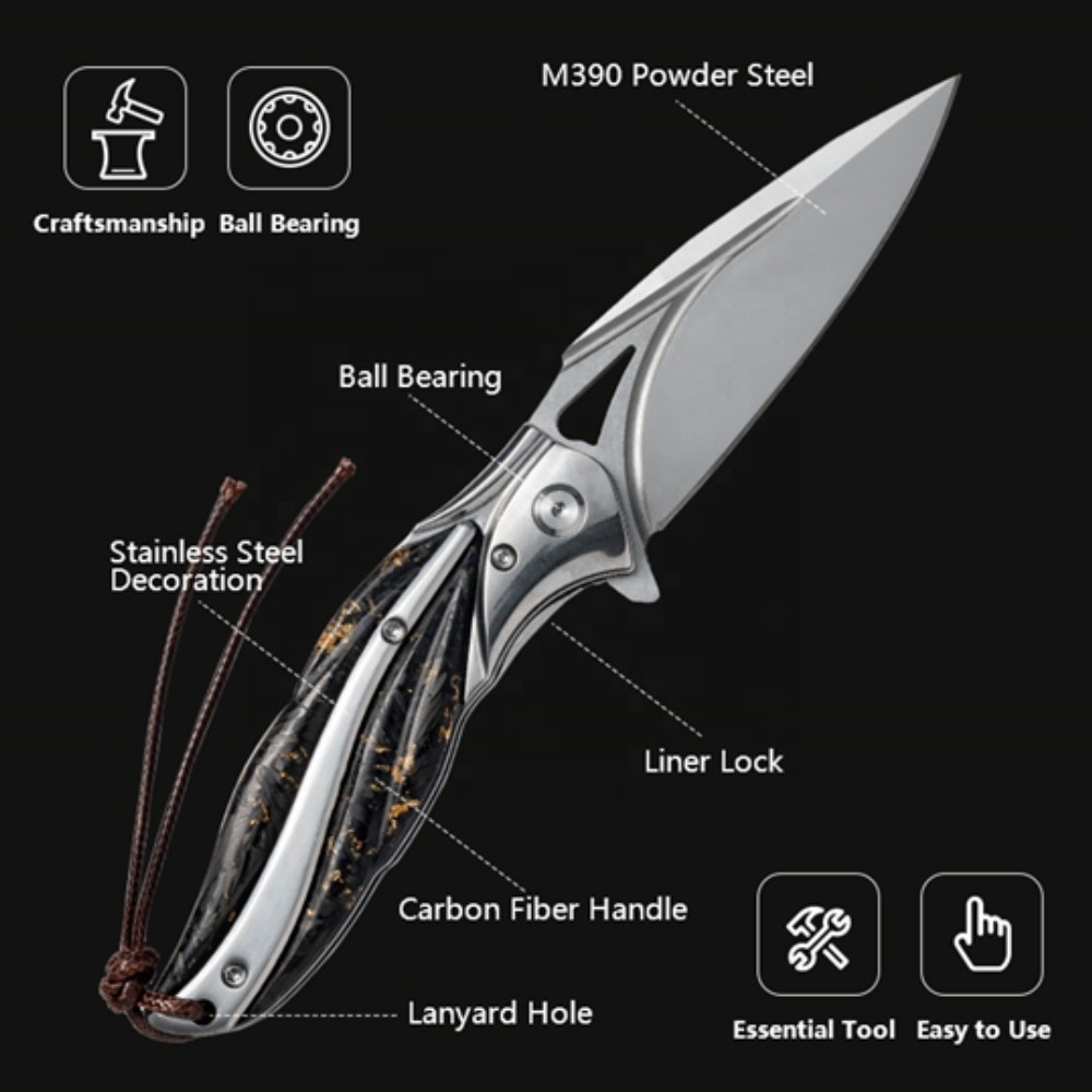 Carbon Fiber Handle Outdoor Tactical Survival Folding Pocket Knife M390 Steel Blade Knife