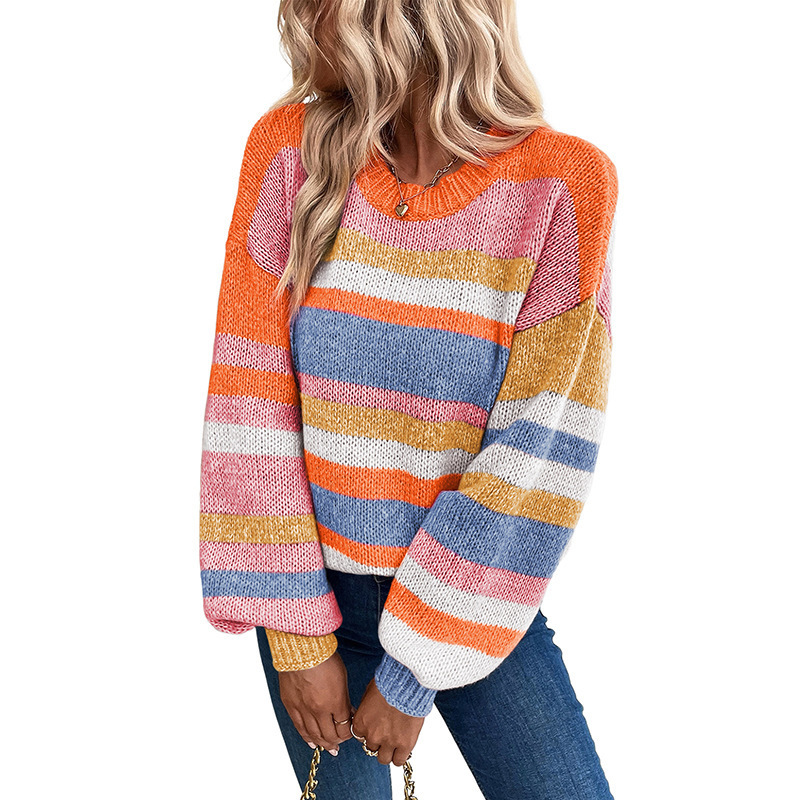 Customized multi-color striped knitted sweater for women's casual fashion pullover round neck sweater, Chinese manufacturer