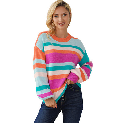 Customized multi-color striped knitted sweater for women's casual fashion pullover round neck sweater, Chinese manufacturer