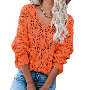 Women Crochet Tops Long Sleeve Crew Neck Knit Cover Ups Hollow Out Pullover Sweaters