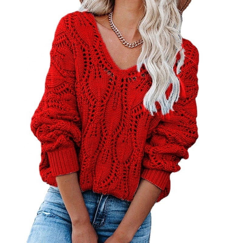 Women Crochet Tops Long Sleeve Crew Neck Knit Cover Ups Hollow Out Pullover Sweaters