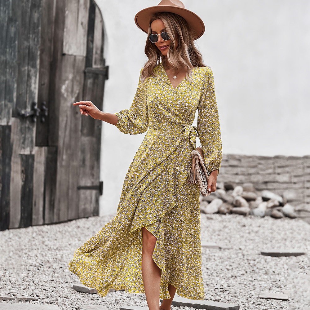 Up Women's Dress Flower Long Sleeve Ruffle Wrap Dress 2022 Spring / Summer Beach Bohemian V Neck Lace Casual Dresses Floral 1pc