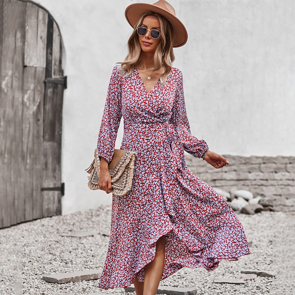 Up Women's Dress Flower Long Sleeve Ruffle Wrap Dress 2022 Spring / Summer Beach Bohemian V Neck Lace Casual Dresses Floral 1pc