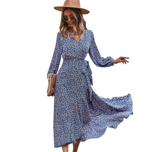 Up Women's Dress Flower Long Sleeve Ruffle Wrap Dress 2022 Spring / Summer Beach Bohemian V Neck Lace Casual Dresses Floral 1pc