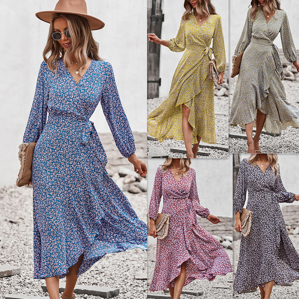 Up Women's Dress Flower Long Sleeve Ruffle Wrap Dress 2022 Spring / Summer Beach Bohemian V Neck Lace Casual Dresses Floral 1pc