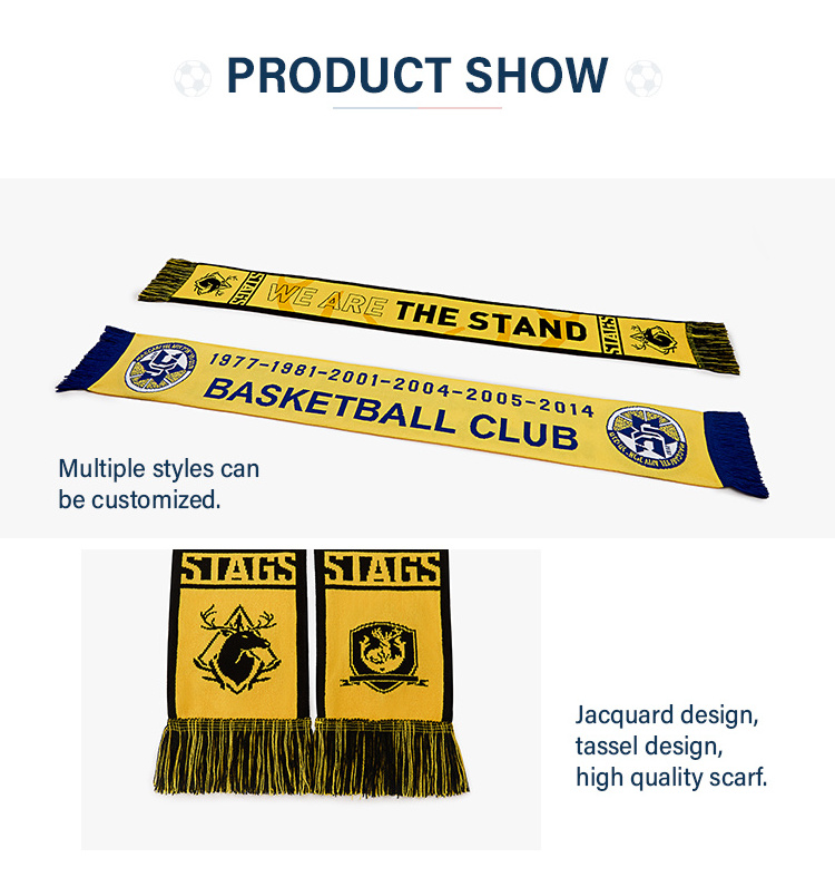 Free Sample Factory Direct Custom Slogan Logo Knitting Jacquard Delicate Tassel Basketball Football Fan Scarf Fan Club Scarf