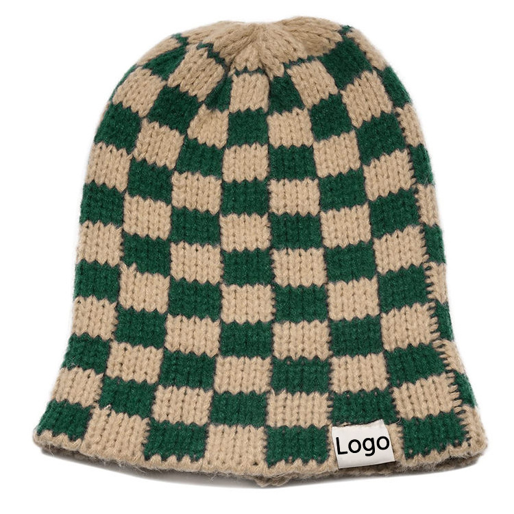 Manufacturer Winter Warm Outdoor Ski Checkerboard Checkered Printed Custom Logo Elastic Knit Beanie Hat