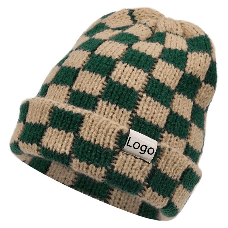 Manufacturer Winter Warm Outdoor Ski Checkerboard Checkered Printed Custom Logo Elastic Knit Beanie Hat