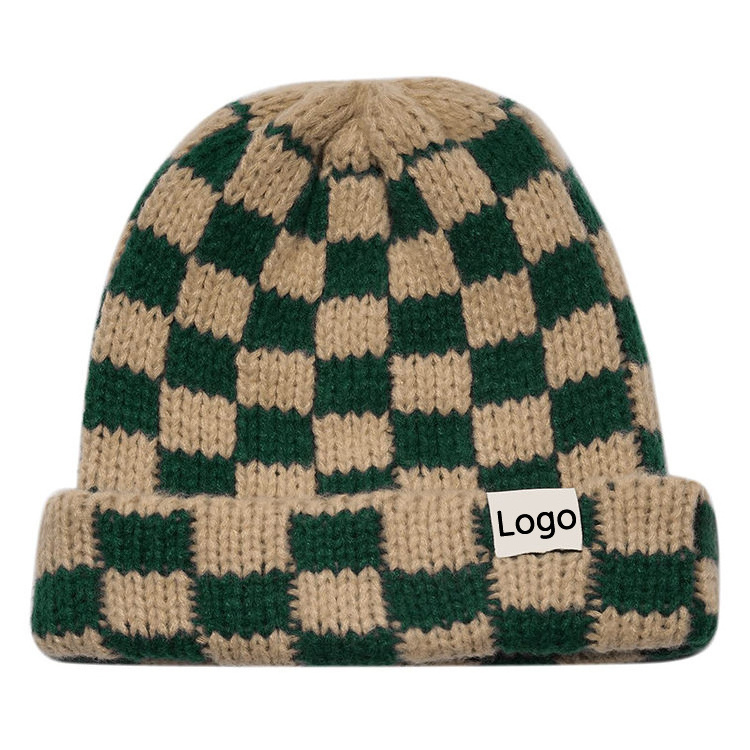 Manufacturer Winter Warm Outdoor Ski Checkerboard Checkered Printed Custom Logo Elastic Knit Beanie Hat