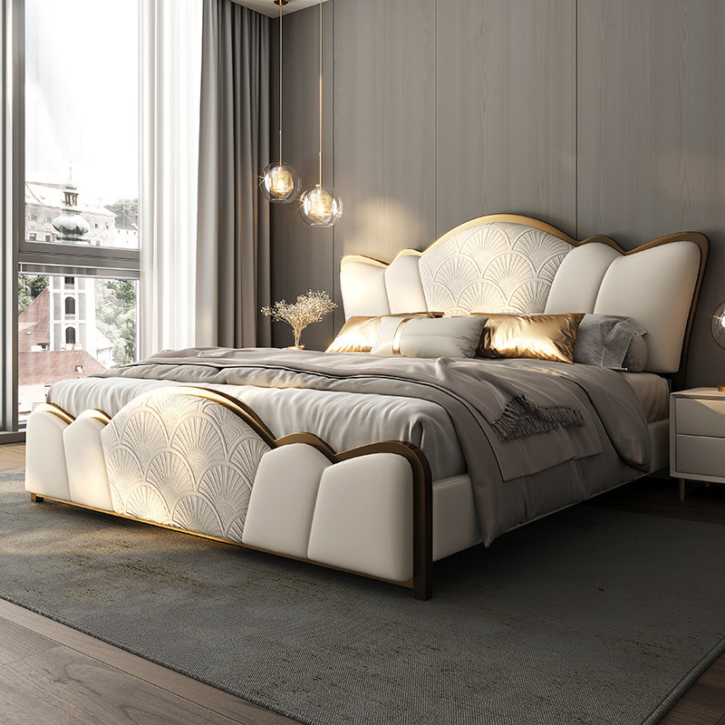 modern Microfiber Leather Bed with gold stainless steel frame for Home Furniture Bedroom Set King Size Bed