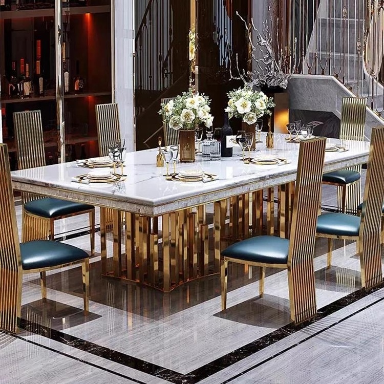 Nordic style modern luxury stainless steel base 8 seaters marble top dining table set