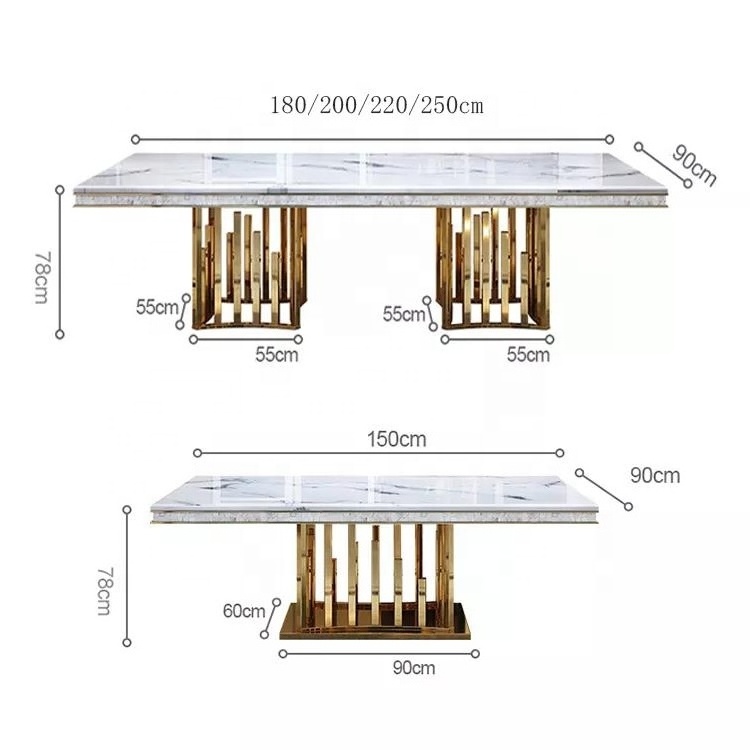 Nordic style modern luxury stainless steel base 8 seaters marble top dining table set