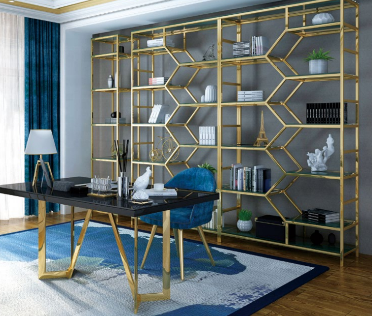 Stainless Steel Book Shelves Modern Tall Thin Gold or black Frame Decoration Bookshelf Tall Home Office Bookcase With Drawers