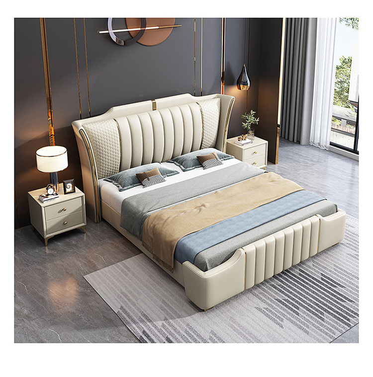 Latest modern simple luxury leather bed sets furniture bedroom solid wooden frame double king size bed