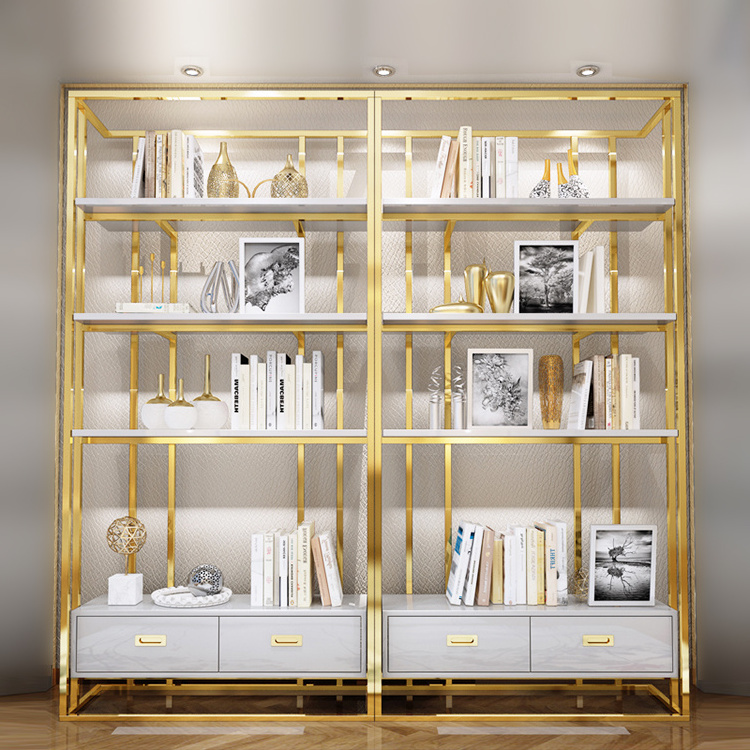 Stainless Steel Book Shelves Modern Tall Thin Gold Frame Decoration Bookshelf Tall White Home Office Bookcase With Drawers