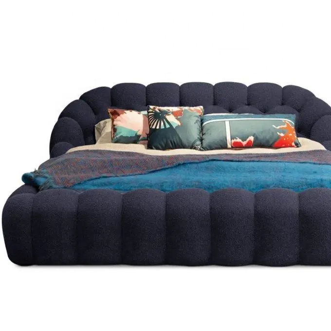 latest king size bed dark blue fabric velvet modern 3D Bubble upholstered bed