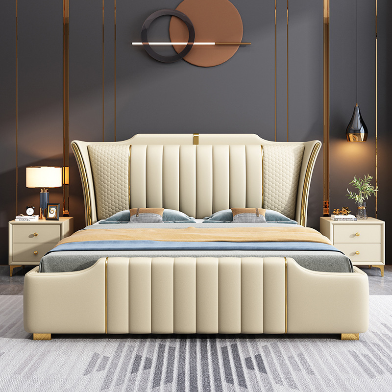 Latest modern simple luxury leather bed sets furniture bedroom solid wooden frame double king size bed