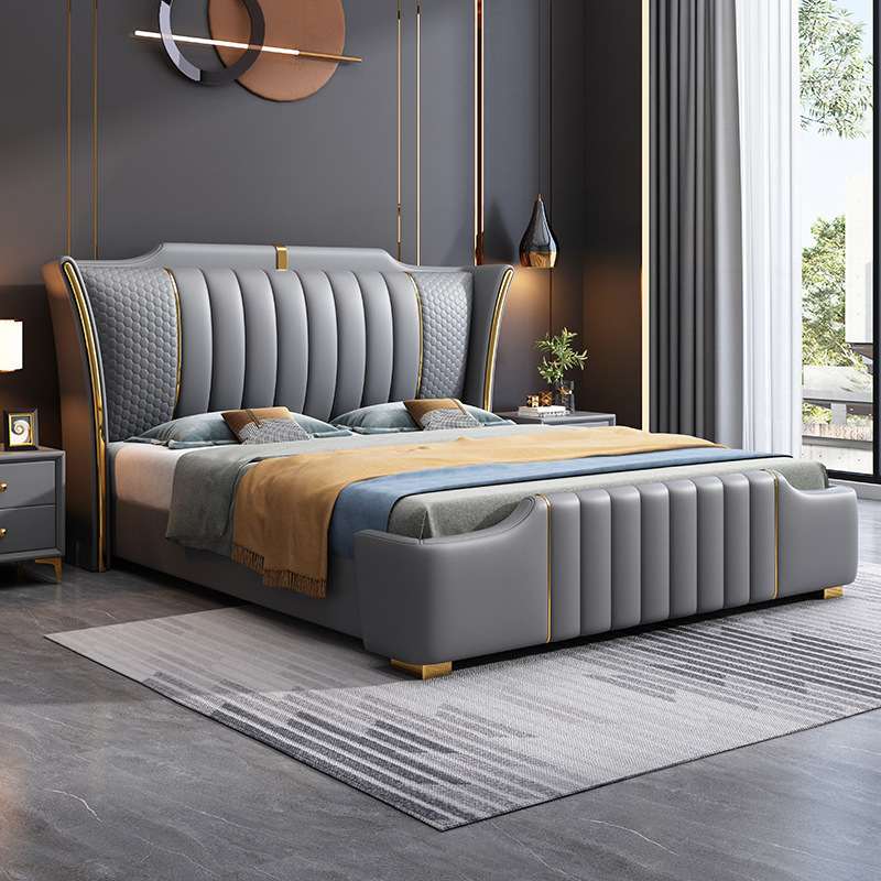 Latest modern simple luxury leather bed sets furniture bedroom solid wooden frame double king size bed