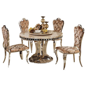 restaurant elegant glitter silver gold dining chair and table set European marble round dining table with rotating centre