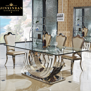 kitchen glass top dining table and chair set luxury stainless steel full dinning table set with 4 6 8 chairs