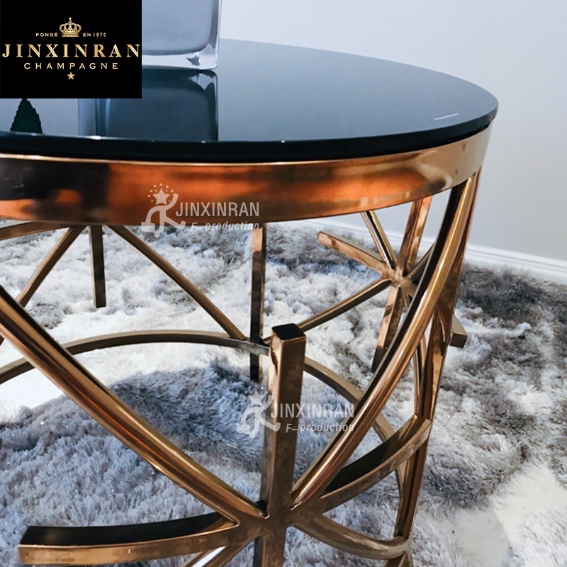 Modern round black glass top stainless steel gold coffee table Living Room modern movable round glass center coffee table