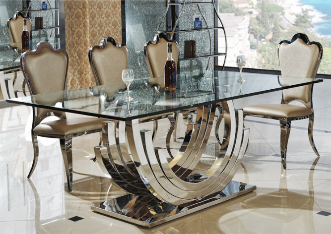 kitchen glass top dining table and chair set luxury stainless steel full dinning table set with 4 6 8 chairs