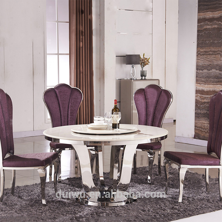 restaurant elegant glitter silver gold dining chair and table set European marble round dining table with rotating centre