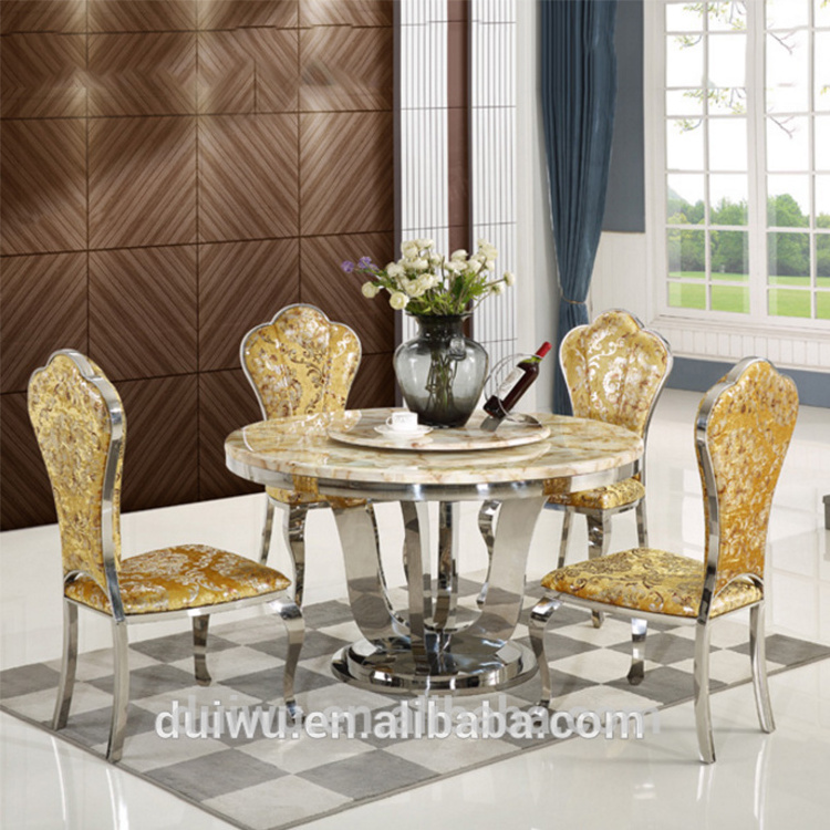 restaurant elegant glitter silver gold dining chair and table set European marble round dining table with rotating centre