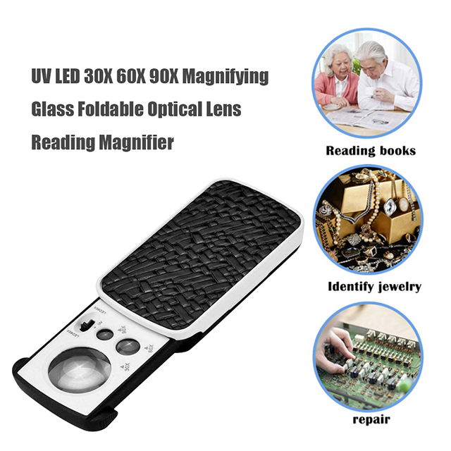 MANWEI30x60X90X  Illuminated Jeweler LED UV Loupe Magnifier with Mental Construction