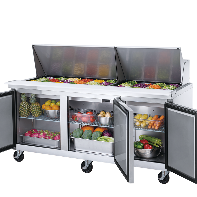 High Quality Stainless steel Commercial kitchen 3 solid doors food salad prep table counter refrigerator for restaurant