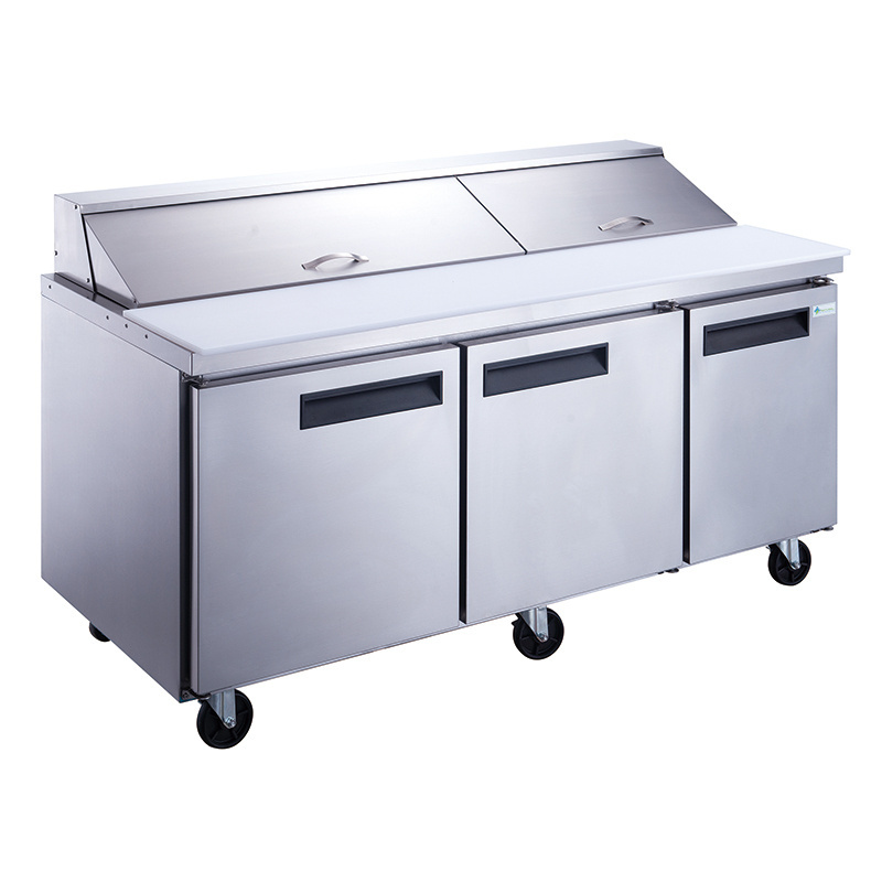 High Quality Stainless steel Commercial kitchen 3 solid doors food salad prep table counter refrigerator for restaurant