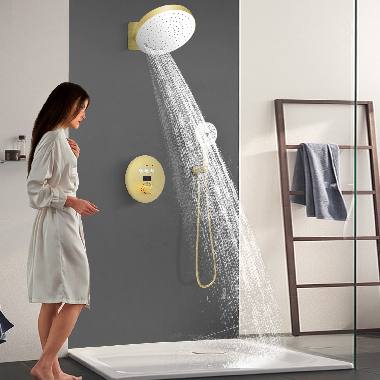 Brushed Gold Wall Mounted 320*320mm Shower Head Thermostatic Shower Faucet Set With LED Temperature Display