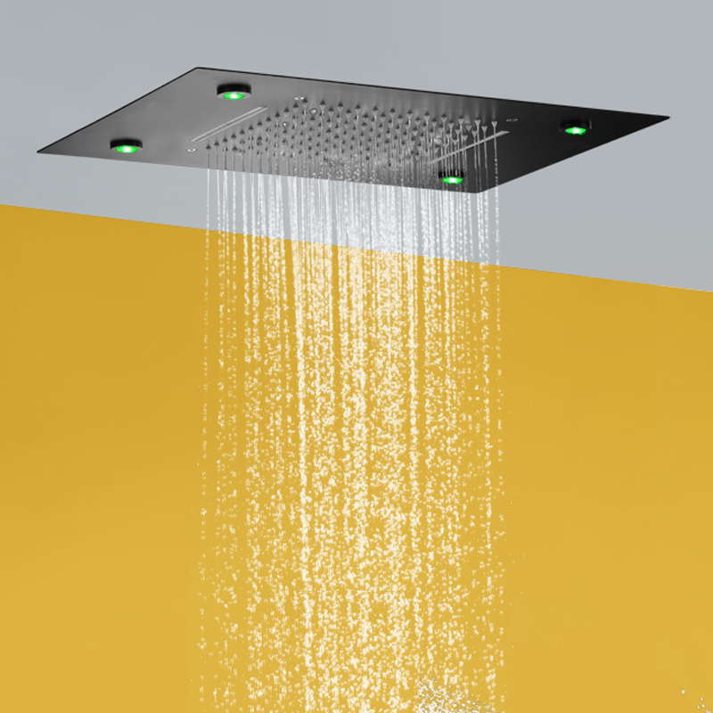 Matte Black Shower Head 50X36 CM LED Bathroom Bifunctional Waterfall Rainfall With 3 Color Temperature Changing