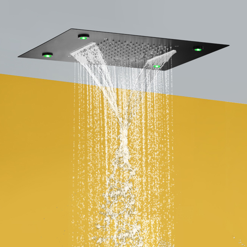 Matte Black Shower Head 50X36 CM LED Bathroom Bifunctional Waterfall Rainfall With 3 Color Temperature Changing