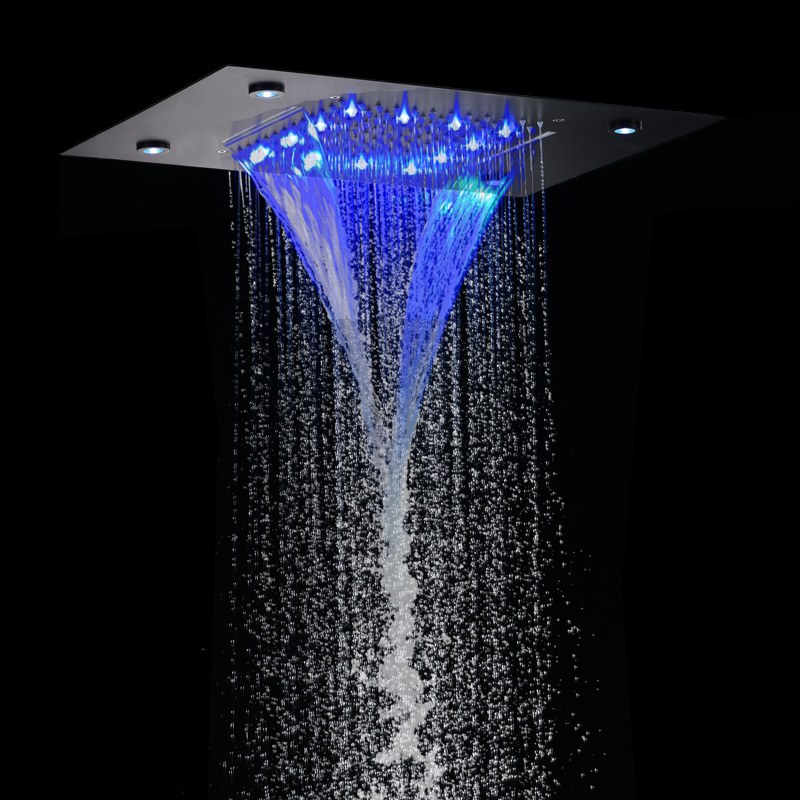 Matte Black Shower Head 50X36 CM LED Bathroom Bifunctional Waterfall Rainfall With 3 Color Temperature Changing